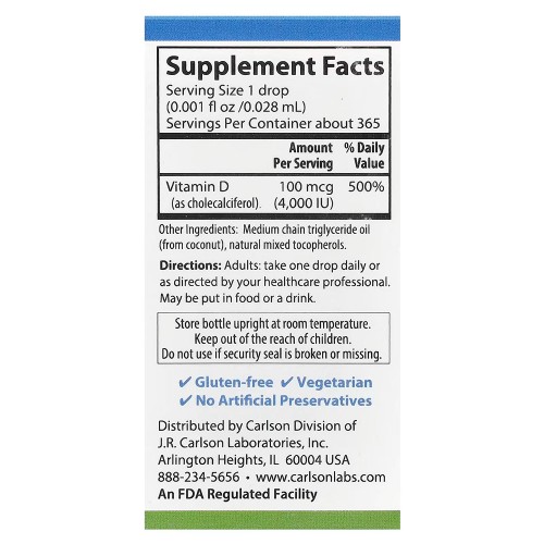 Carlson, Super Daily® D3, 100 мкг (4000 МЕ), 10,3 мл (0,35 жидк. Унции) Carlson, Super Daily® D3, 100 мкг (4000 МЕ), 10,3 мл (0,35 жидк. Унции)